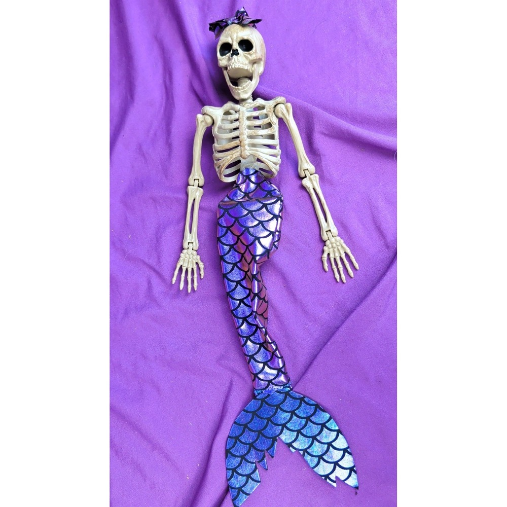 Mermaid Skeleton 17" Halloween Hanging Jointed Figure Iridescent Purple Tail